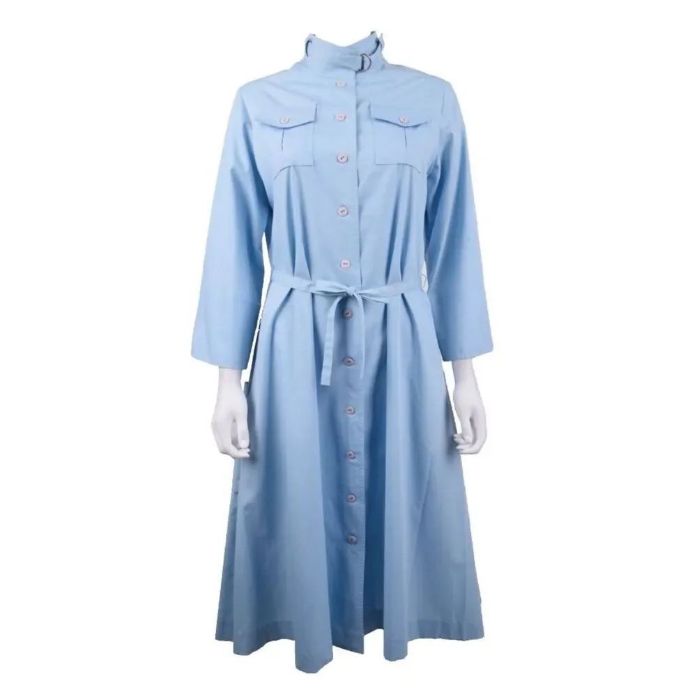 Vintage Serbin of Florida Womans Shirt Dress Size 12 Blue Tie Belt Neru Collar